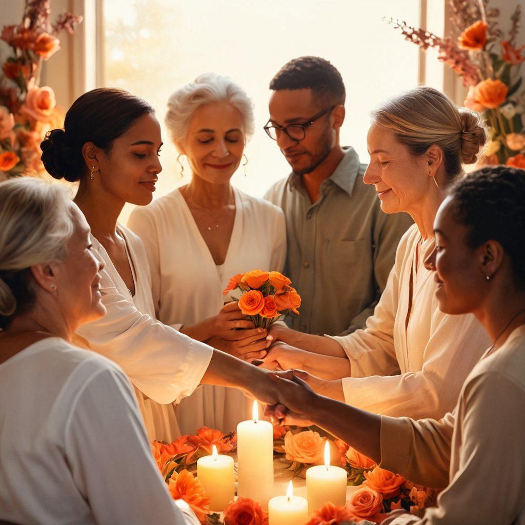 A serene gathering of diverse individuals of various ages and backgrounds, embracing each other in a supportive circle amidst soft candlelight and warm hues. In the background, a gentle display of flowers symbolizes remembrance, while their expressions convey compassion and resilience. The scene reflects a soothing atmosphere of unity and hope. watercolor painting. warm colors. soft focus.