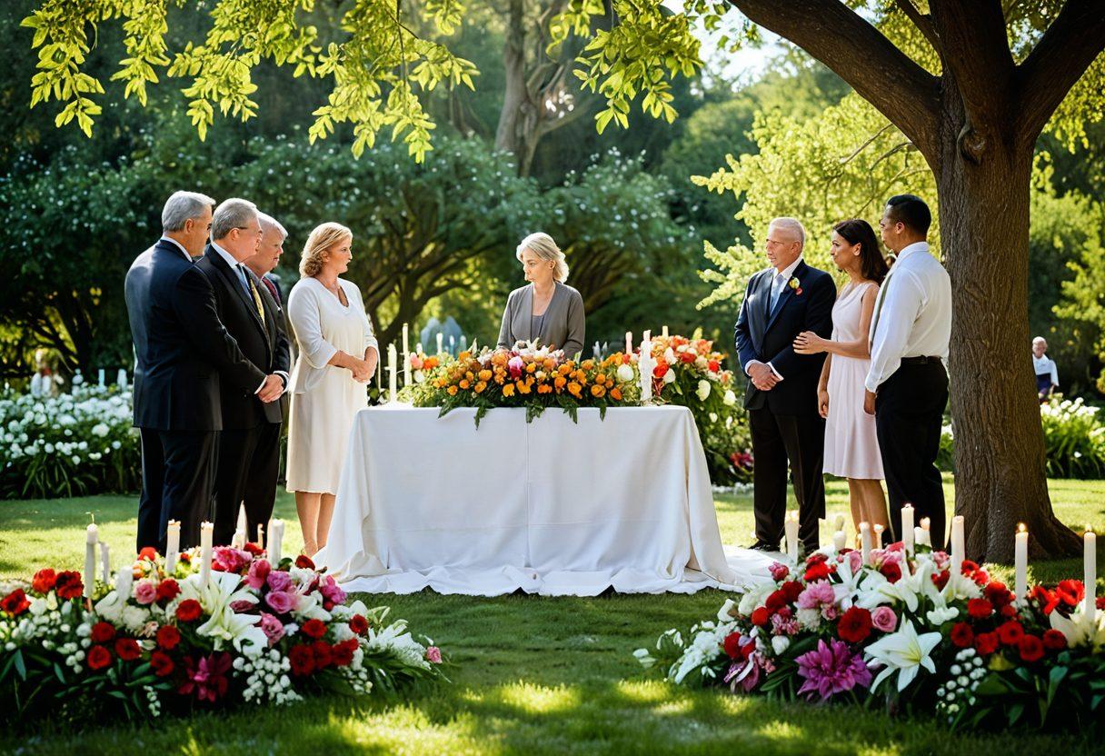A serene and peaceful memorial service scene, featuring a beautifully decorated altar with flowers, candles, and framed photographs of loved ones. Soft light filtering through trees, evoking a sense of tranquility and healing. A diverse group of people, gently comforting one another, showcasing love and support amidst their grief. In the background, a calming landscape symbolizing hope and new beginnings. soft-focused, vibrant colors, natural light.