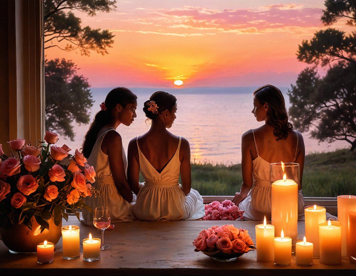 A serene and comforting scene depicting a gentle sunset over a tranquil landscape, with soft floral arrangements in the foreground symbolizing remembrance. Include two people softly embracing for support, surrounded by lit candles and a framed picture of a loved one. The overall tone should evoke compassion and understanding, conveying a sense of peace in the midst of grief. soft focus, warm colors, painting.